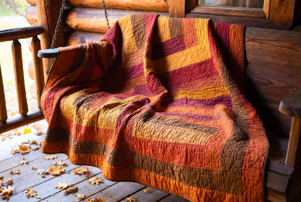 Log Cabin style quilt in warm autumn colors