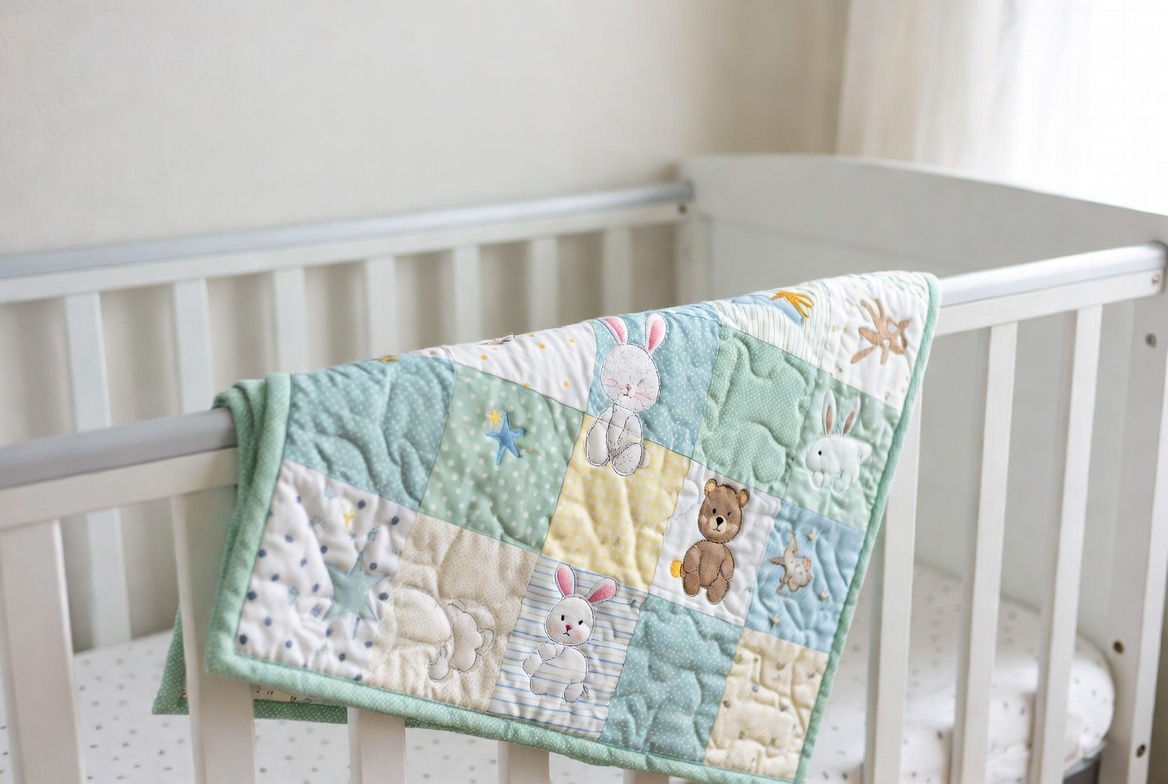 Baby quilt with cute animals in soft pastels
